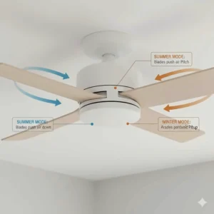 Detail of angled ceiling fan blades designed for optimal airflow in both summer and winter directions.