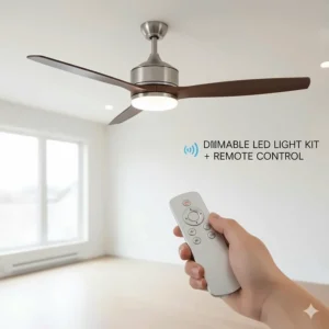 A contemporary ceiling fan featuring an integrated dimmable LED light kit being operated by a remote control.
