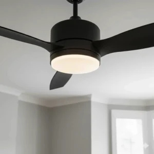 Close-up of a dimmable integrated LED light fitting on a brushed chrome ceiling fan.