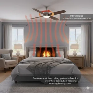 Diagram illustrating the reverse air-flow function of a ceiling fan with integrated LED to circulate heat during UK winters.