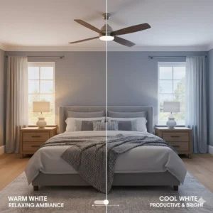 Comparison of warm white and cool white light settings on a ceiling fan with integrated LED.
