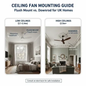 Illustration comparing flush mount fans for low ceilings and downrod fans for high-ceiling period properties.