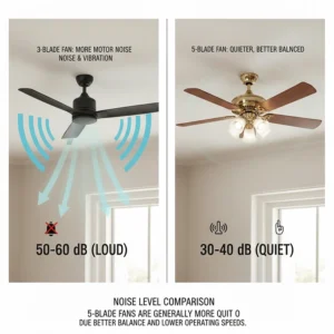 An infographic illustrating that 5-blade fans generally operate more quietly than 3-blade fans due to better balance.