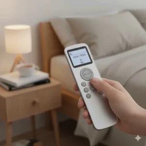 Close-up of a handheld remote control with a finger pressing the Night Mode button for a silent bedroom fan.