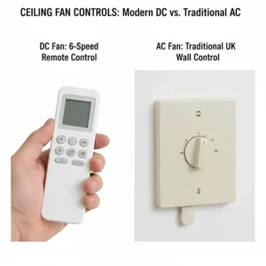 A close-up of a 6-speed DC fan remote control and a traditional UK wall-mounted AC fan dial.