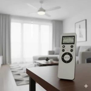 A handheld remote control operating a ceiling fan with light settings in a modern UK flat.