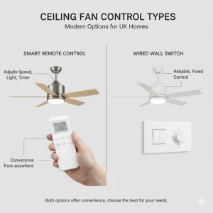 A comparison of a wall-mounted speed controller and a handheld remote for a smart ceiling fan.