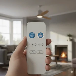 A handheld remote control highlighting the winter mode or direction reversal button for an electric ceiling fan.