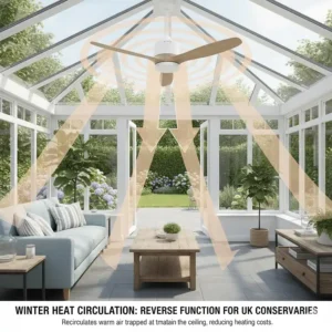 Graphic showing a ceiling fan in reverse mode circulating warm air trapped at the conservatory roof during winter.