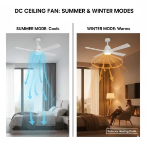 An illustration showing how the reverse function on a DC fan helps circulate warm air during British winters.