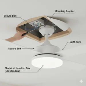 Illustration of a secure ceiling fan installation showing the mounting bracket and electrical wiring for a UK home.