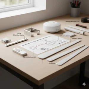 Detailed layout of a ceiling fan installation kit featuring the fan motor, blades, mounting bracket, and a 240V UK remote receiver unit.