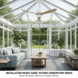 Illustration of recommended mounting heights for ceiling fans on pitched conservatory roofs.