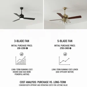 A breakdown of initial purchase price versus long-term running costs for different ceiling fan blade counts.