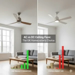 A diagram showing the lower energy consumption of a DC ceiling fan compared to a standard AC model in British pence per hour.