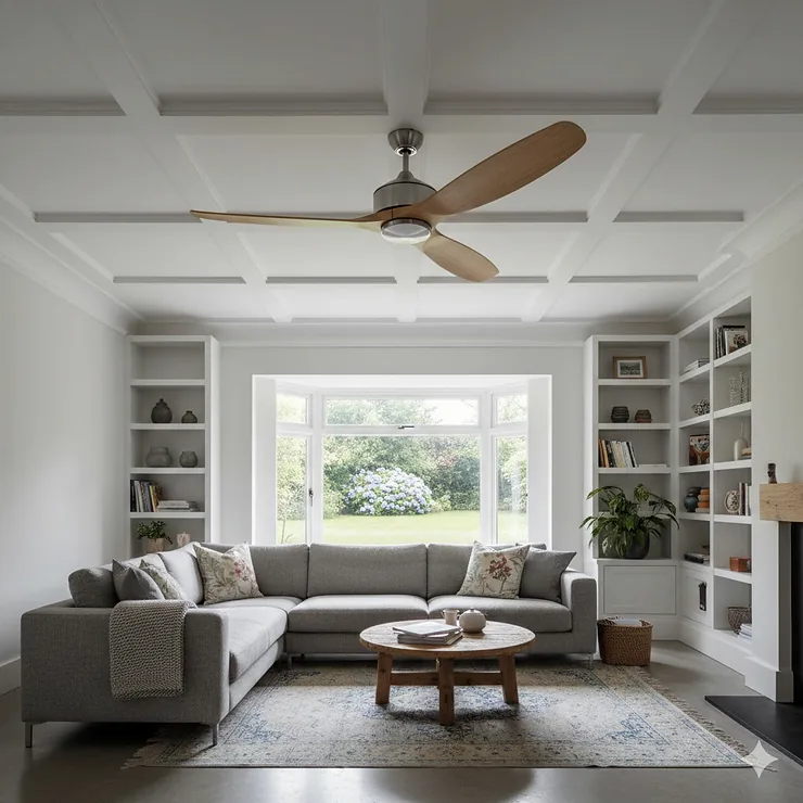 Modern energy-saving DC motor ceiling fan installed in a contemporary British living room. DC motor ceiling fan energy saving