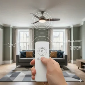 Hand holding a remote control to adjust the brightness of a ceiling fan with integrated LED light.
