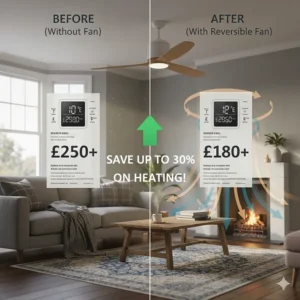 Illustration showing reduced central heating costs in a UK home by using a reversible ceiling fan to circulate heat.