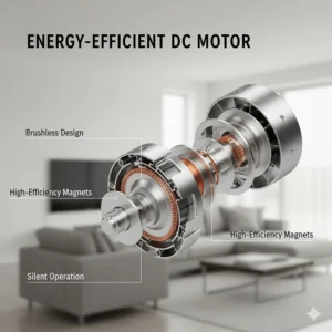 Detailed 3D exploded view of a brushless DC motor designed for silent operation and energy efficiency in British homes.