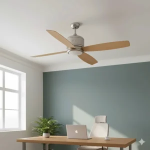 An energy-efficient DC motor wooden blade ceiling fan designed to reduce electricity consumption in British residential properties.