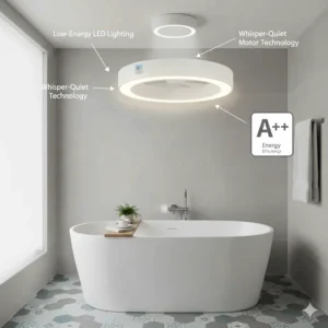 Close-up of a bathroom ceiling fan featuring a low-energy LED light bulb and quiet motor technology.