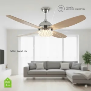 Energy-saving LED chandelier ceiling fan with a high-performance DC motor for reduced electricity consumption.