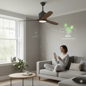 Illustration showing the energy-saving benefits of an Alexa compatible smart ceiling fan during a British summer.