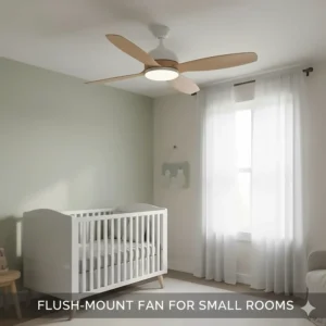 A low-profile flush-mount ceiling fan installed in a small British nursery, providing safe and quiet airflow above a cot.