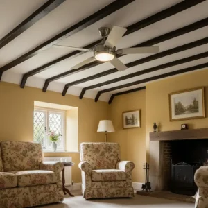 A low-profile traditional ceiling fan designed for UK homes with lower cottage-style ceilings.