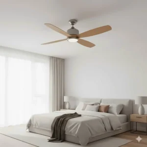 A low-profile, flush-mount wooden blade ceiling fan specifically designed for UK homes with standard or lower ceiling heights.
