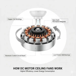 Technical diagram showing the internal components of a high-efficiency DC motor for ceiling fans.