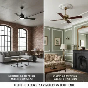 Illustration of a sleek industrial 3-blade fan in a loft apartment and a classic 5-blade timber fan in a period home.