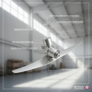 Illustration of the aerodynamic blade profile and high-torque motor of a modern industrial ceiling fan.