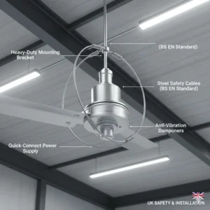 Close-up illustration of the secure mounting system and safety cables of a British-standard industrial ceiling fan.