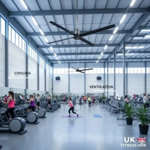 Sleek industrial ceiling fans providing ventilation for a large commercial gym and fitness hub.