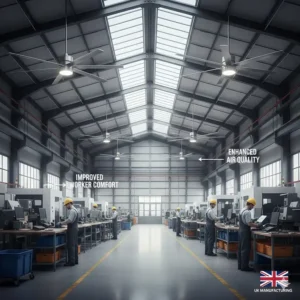 High-performance industrial ceiling fans installed in a manufacturing workshop to improve worker comfort.