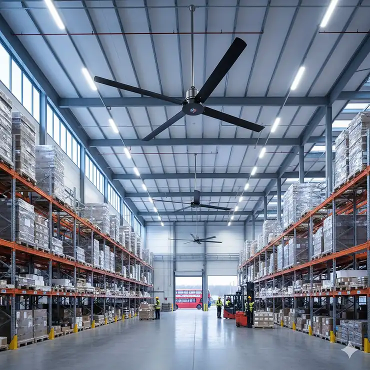 Large industrial ceiling fans installed in a high-ceiling UK distribution centre to improve airflow and worker comfort. industrial ceiling fans