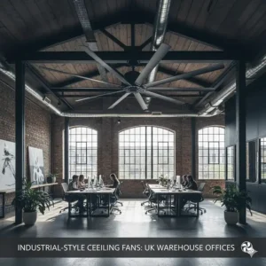 A large black industrial-style ceiling fan with multiple blades in a converted warehouse office with brick walls.