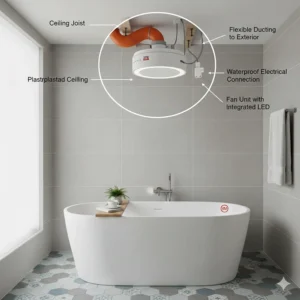 Technical drawing showing the installation of a ceiling fan with light into a UK plasterboard ceiling.