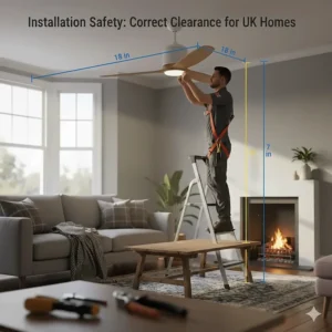 Illustration of a safe ceiling fan installation in a UK home, ensuring correct clearance from the floor and walls.