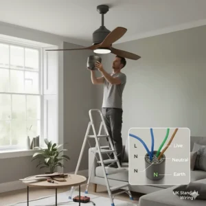 A step-by-step guide snippet for installing a smart ceiling fan Alexa compatible with standard UK wiring.