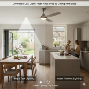 A quiet kitchen ceiling fan featuring dimmable LED lighting, perfect for transitioning from food prep to evening dining.