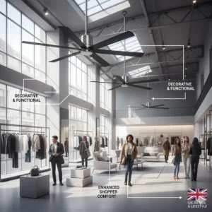 Decorative yet functional industrial ceiling fans in a high-street retail showroom with high ceilings.