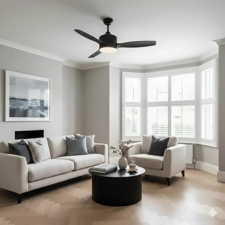 A modern black ceiling fan with an integrated LED light installed in a contemporary British lounge with neutral decor. living room ceiling fan with light