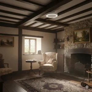 A low-profile bladeless ceiling fan mounted to dark timber beams in a traditional British cottage lounge with a stone fireplace.