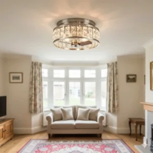 Flush-mount chandelier ceiling fan designed for British homes with lower ceiling heights.