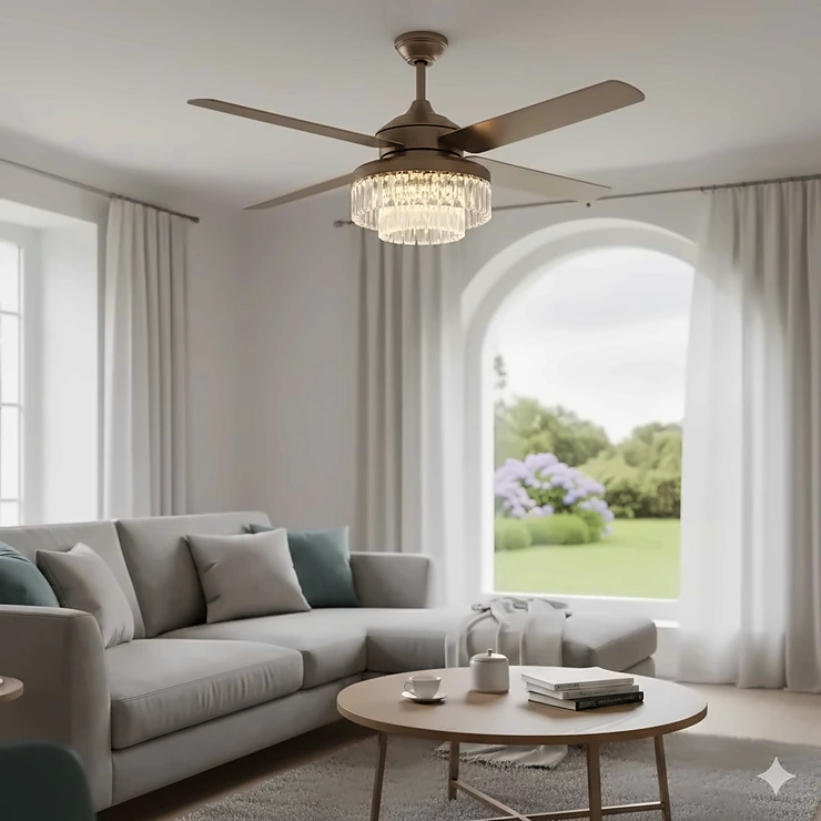 A high-end bronze chandelier ceiling fan with integrated LED lighting installed in a contemporary British lounge. chandelier ceiling fans