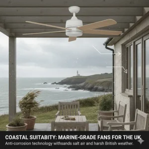 An outdoor-rated ceiling fan with anti-corrosion finish, ideal for British coastal homes and salt air.