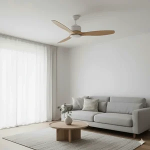 Three-blade light wood ceiling fan with light in a minimalist Scandi-style British lounge.