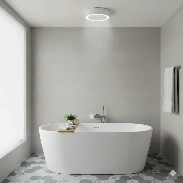 A contemporary British bathroom featuring a white ceiling fan with integrated LED light installed above a freestanding bathtub. bathroom ceiling fan with light